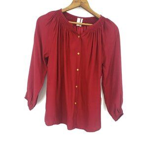 New Line & Dot Peasant Blouse Womens Small Red Wine Silk Smocked Top